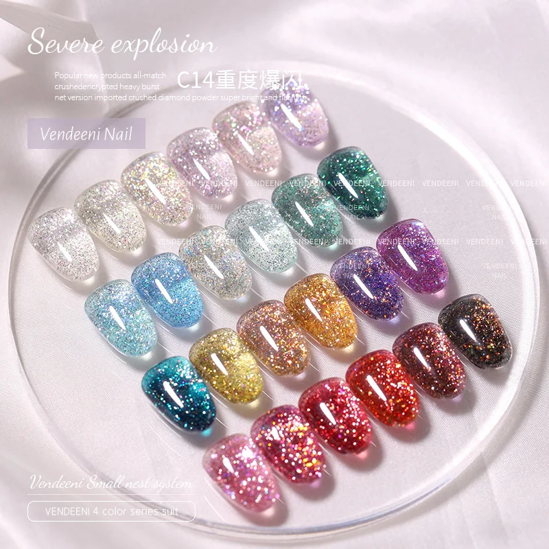 

Vendeeni High Pigment Shiny Vegan Cruety Free 24colors Collection TPO HEMA FREE Glitter Flash Gel Polish in Jar