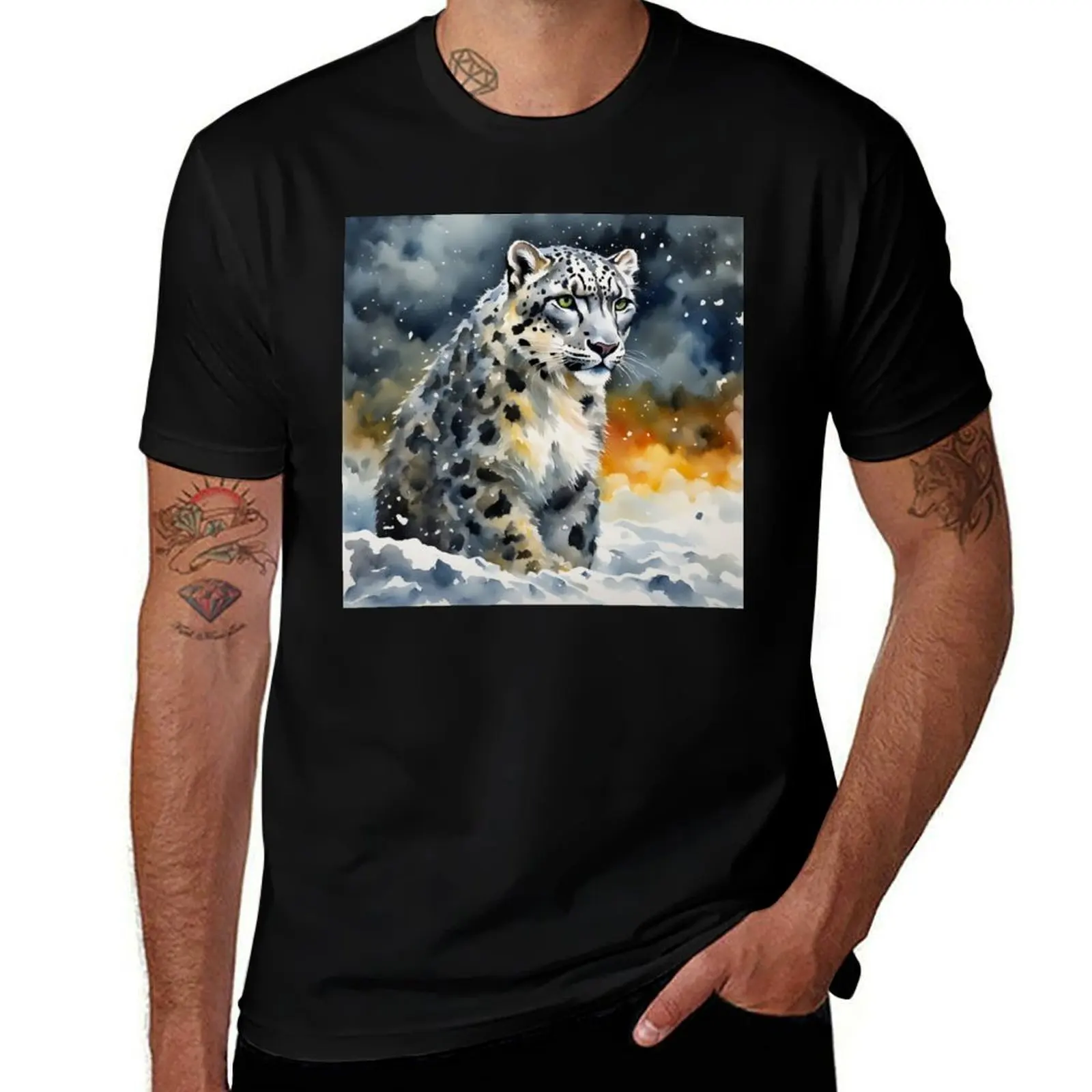 

Watercolor Snow Leopard T-Shirt heavyweights topping Anime t-shirt clothing for men
