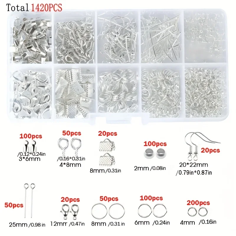 1420pcs 1box Jewelry Findings Set Earring Making Kit Lobster Clasp Open Jump Rings Repair Tools DIY Jewelry Making Supplies view 2