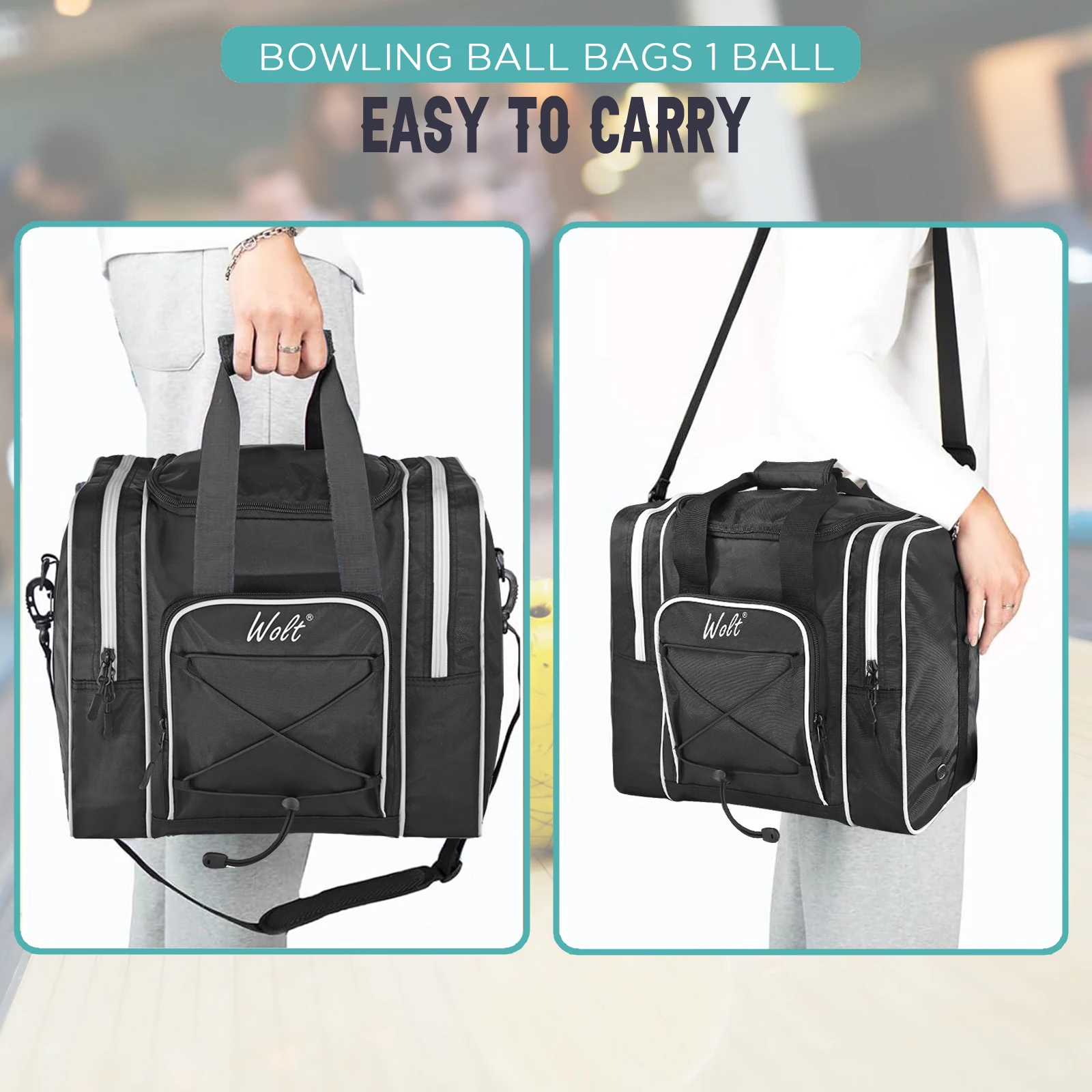WOLT Bowling Ball Bag for Single Ball - Bowling Ball Tote Bag with Padded Ball Holder, 2 Pockets fit Bowling Shoes Up to Mens Si