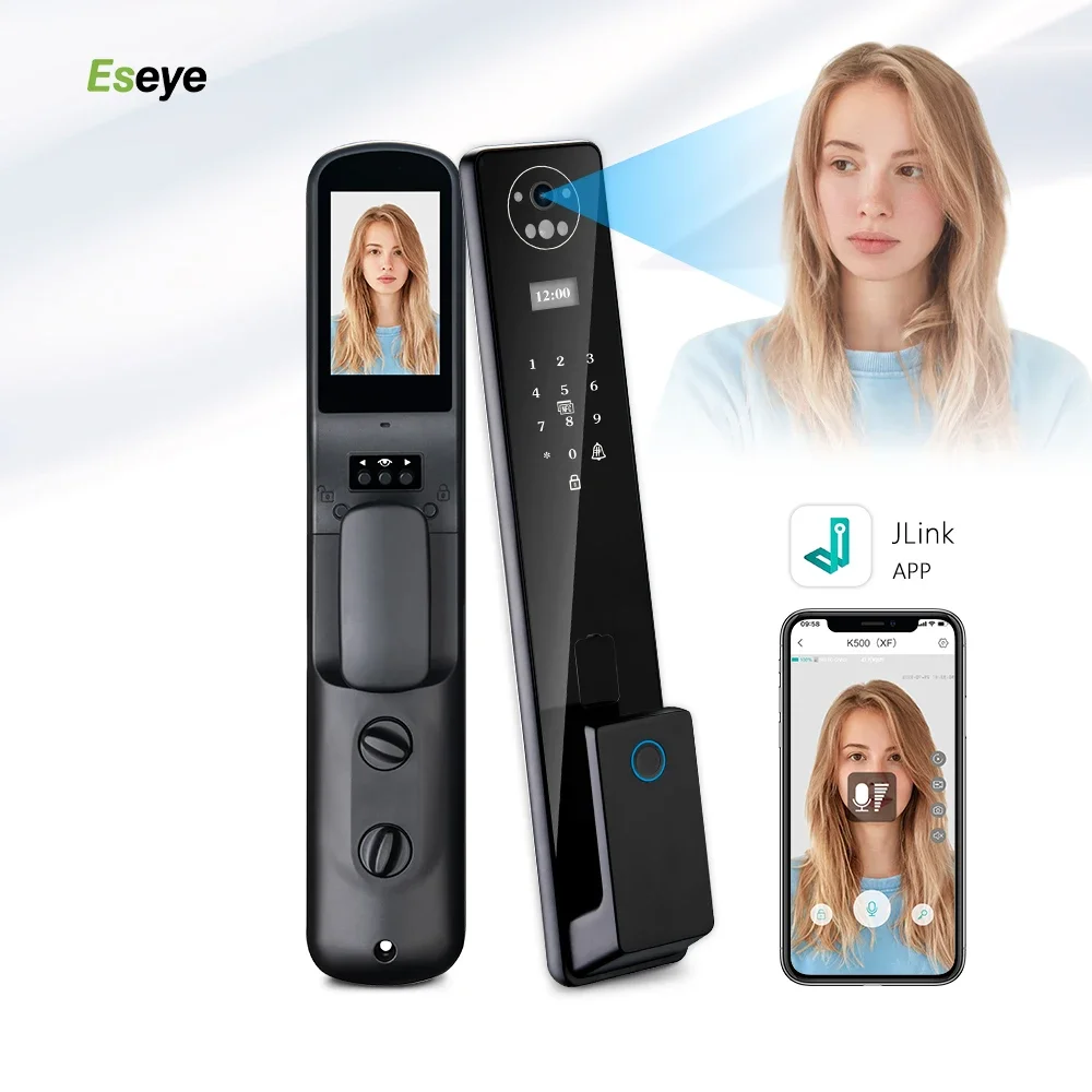 Eseye Outdoor Tuya Smart Biometric Fingerprint Face Digital Door Lock Aluminum Key Wood Door WiFi Network Password Storage