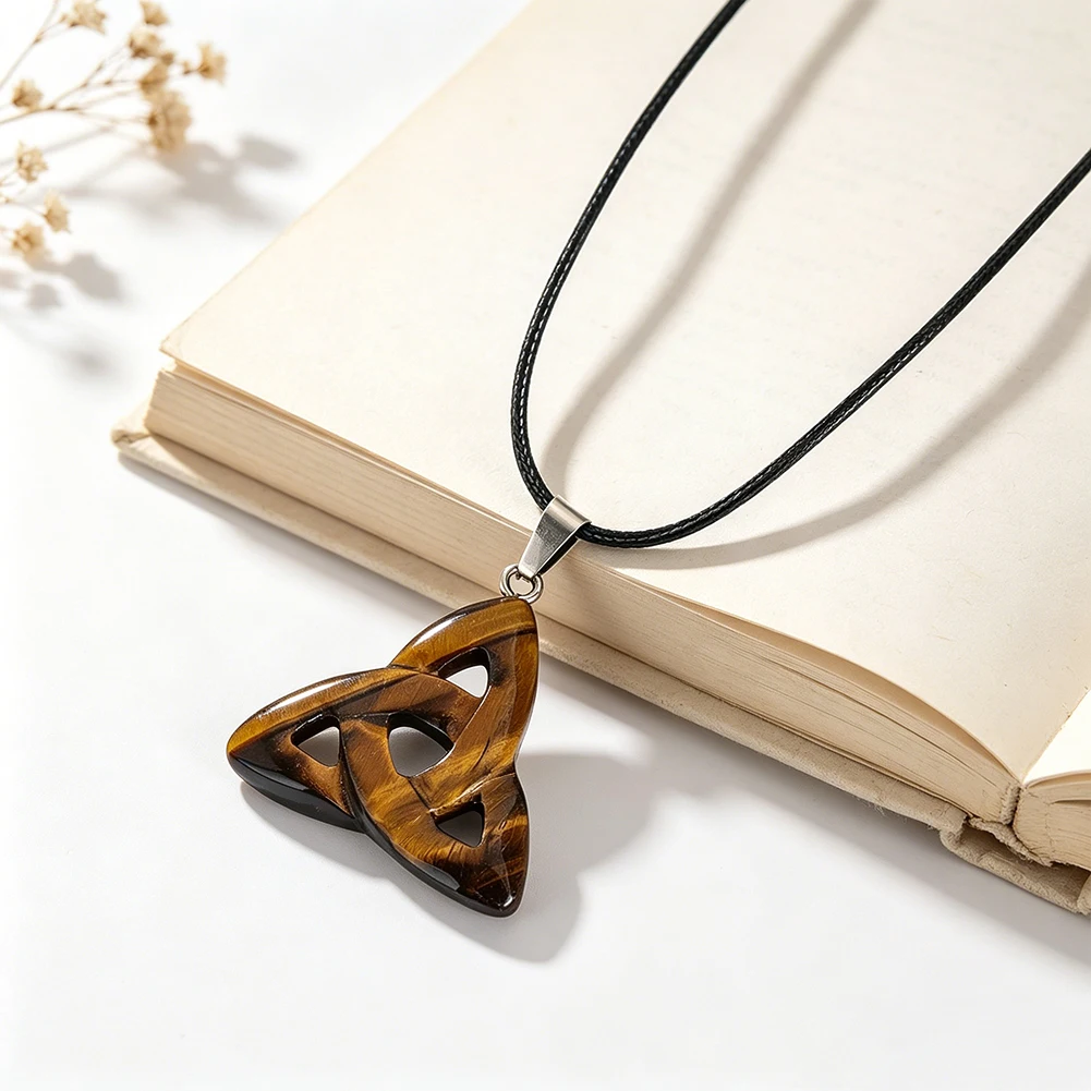 Natural Tiger Eye Celtic Knot Pendant Necklace Triquetra Healing Crystal Stone Adjustable Cord Spiritual Jewelry for Men Women