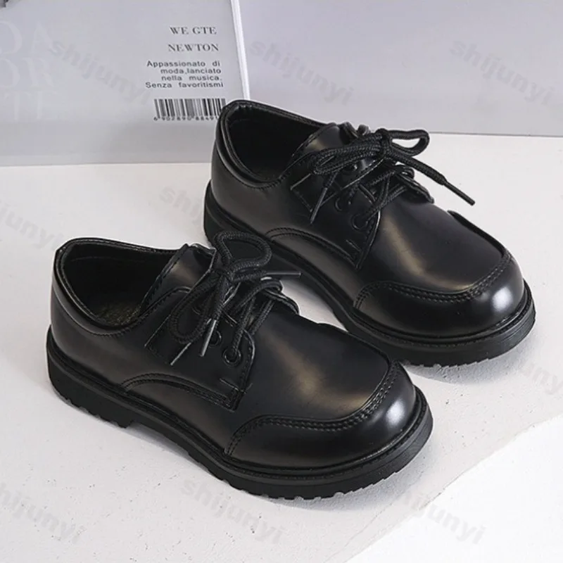 Children Leather Shoes Boys New Comfortable Soft Sole Classic Black Lace Up Wedding Stage Shoes Simple Versatile Formal Shoes