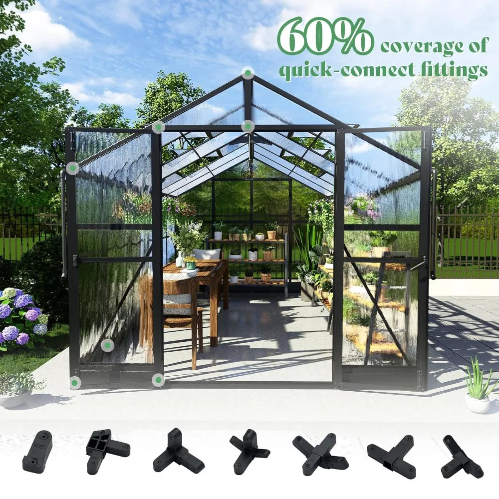 8x12x7FT Polycarbonate Greenhouse, Walk in Greenhouse with Quick-Connect System, Green House with 4 Vent Windows and, Custom