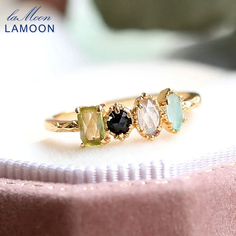 LAMOON Gemstone Rings For Women Natural Peridot Corundum Labradorite Amazonite Ring 925 Sterling Silver Gold Vermeil Jewelry