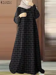 2024 ZANZEA Fashion Women Plaid Checked Abaya Hijab Sundress Islamic Clothing Casual Long Sleeve Muslim Dubai Turkey Long Dress