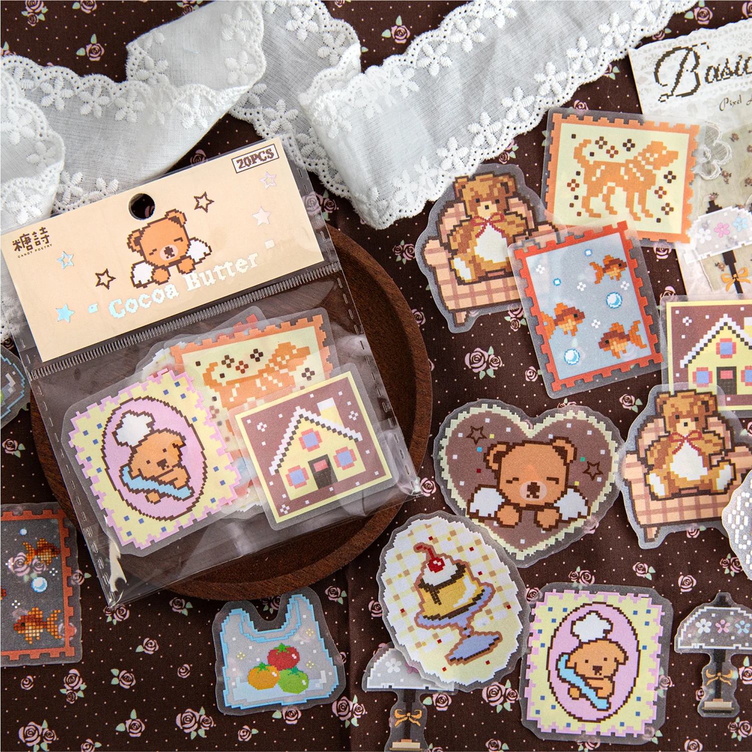 20pcs Bean Shop Series Kawaii Cartoon Lace Pattern Sparkling Sand PET Stickers DIY Diary Scrapbook Aesthetic Stationery Stickers