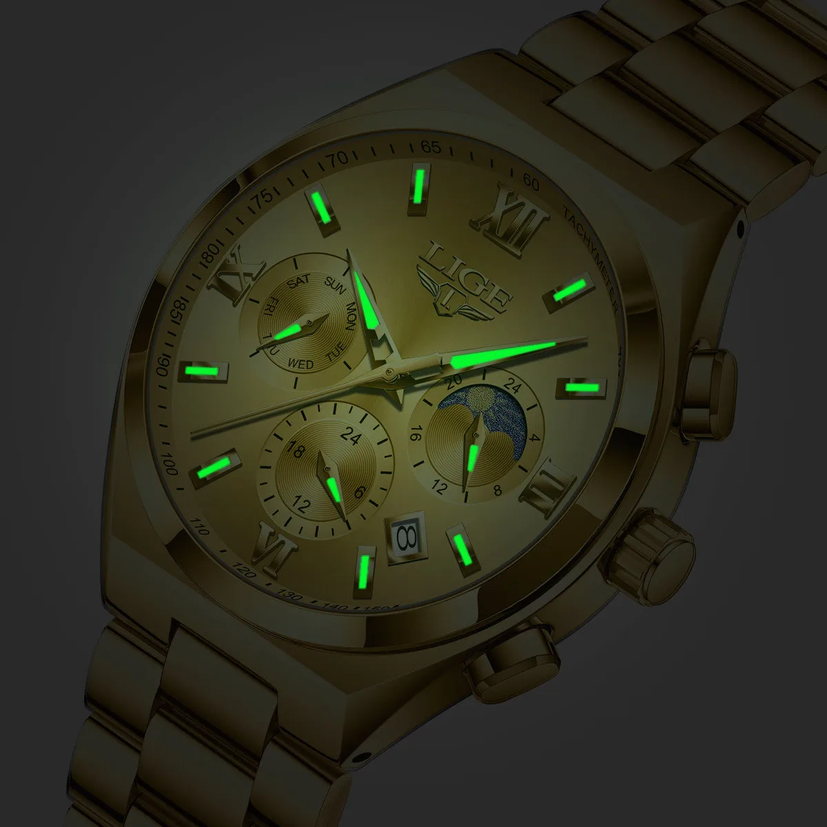 LIGE Luxury Man Watch Waterproof Calendar Business Quartz Wristwatch Fashion Moon Phase Gold Stainless Steel Men Watches Clock