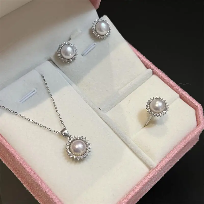 

Элегантный комплект ювелирных изделий с жемчугом Halo для женщин, ожерелье из натурального жемчуга 8-9 мм, серьги и кольцо с подарочной коробкой, свадебный подарок