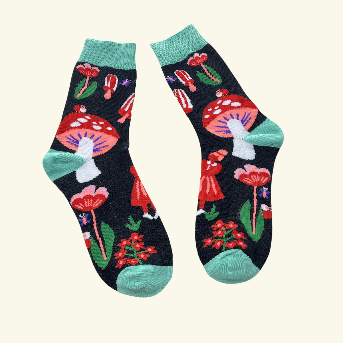 1 Pair Women\'s Flower Mushroom Pattern Mid-calf Socks Suit In All Seasons For Daily