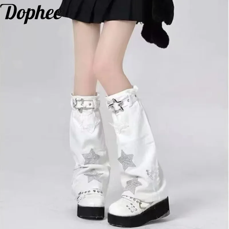 

Dophee Japanese Dark Star Leather Buckle Denim Subculture Y2k Spice Girls Leg Warmer Mopping Floor Punk Mid Length Sock Covers