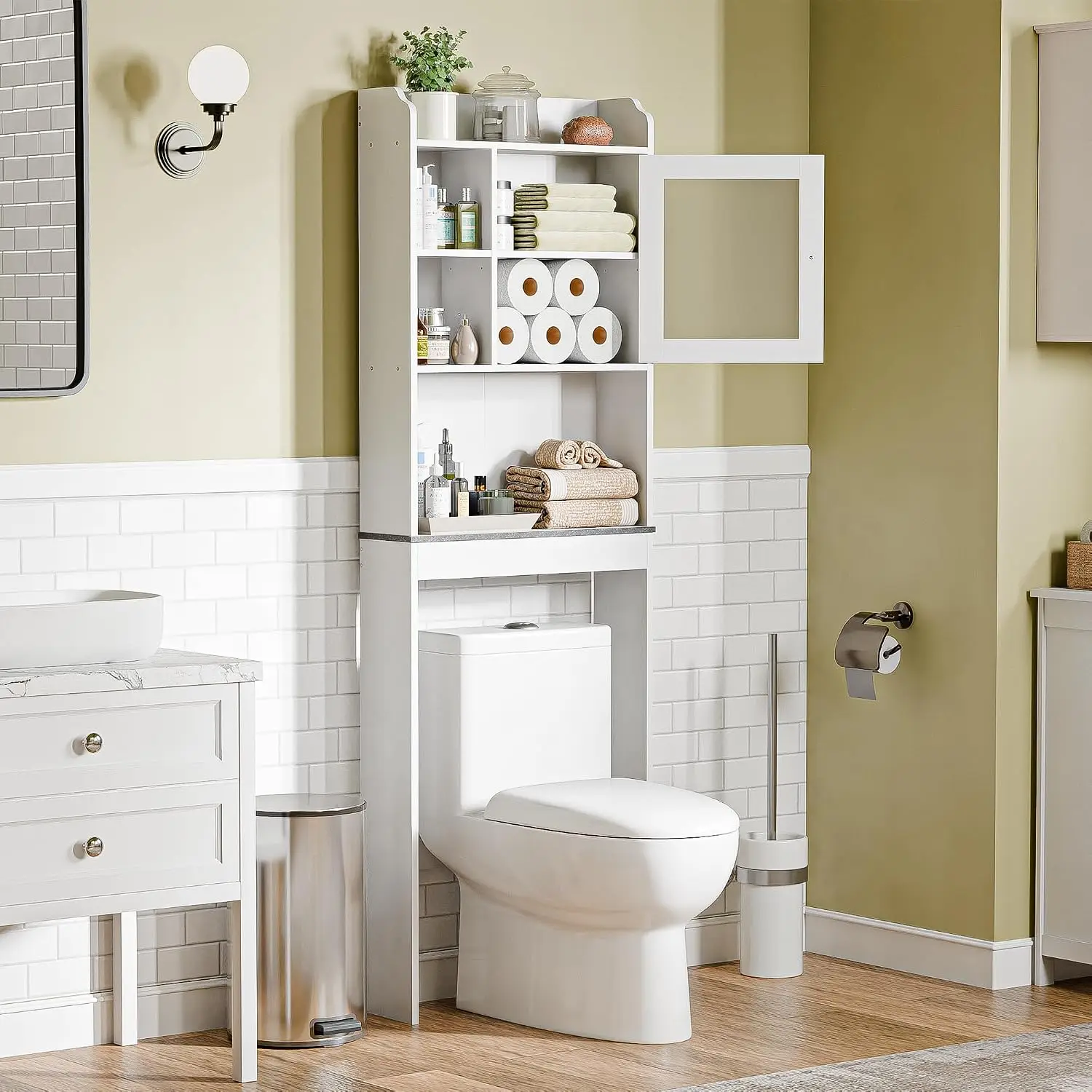 Over Toilet Storage Cabinet Bathroom Organizer Adjustable Shelf Double Doors Freestanding Space Saver Rack White, Customized