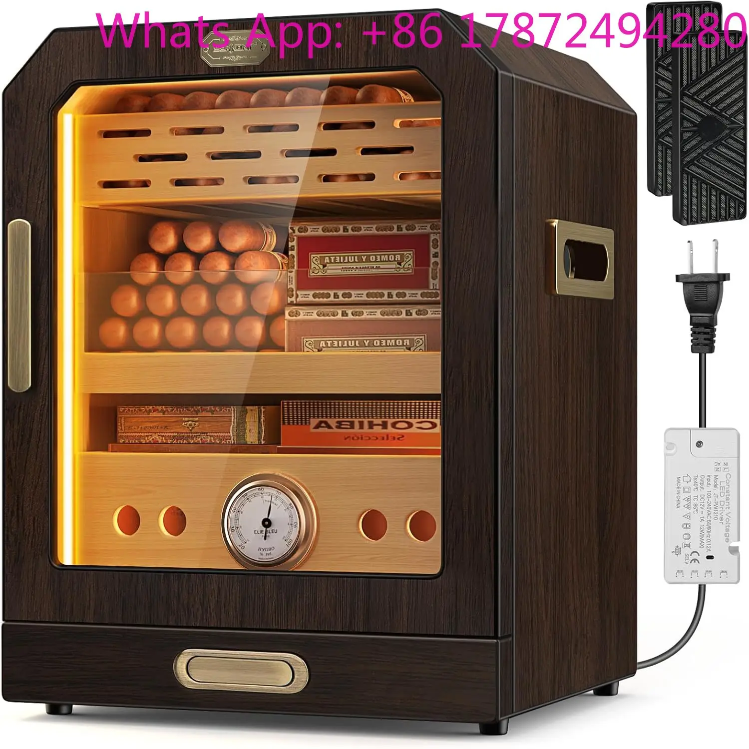 Cigar Humidor, Lighted Control Magnetic Door, with Cigar Accessory Drawer and 2 humidifiers 3 Layer Large Capacity Storage