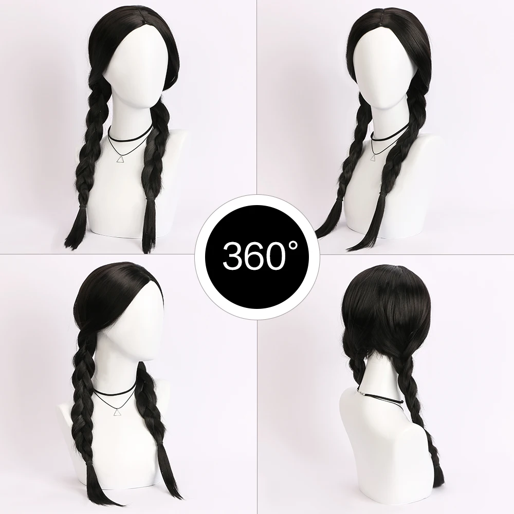 Wednesday Addams Cosplay Wig Long Black Braids Hair Heat Resistant Synthetic Wigs with Bangs for Halloween Party