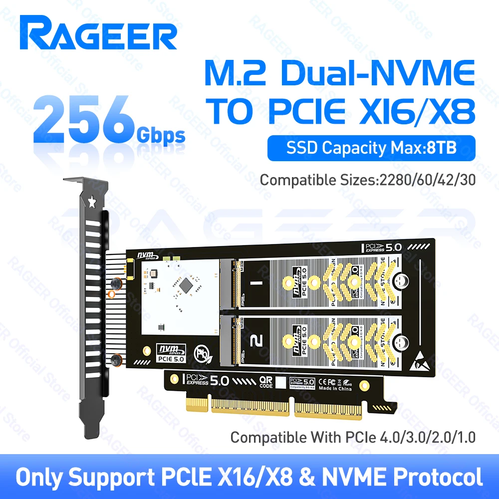 RAGEER PCIe 5.0 naar Dual M.2 NVMe X16/X8 Adapter Uitbreidingskaart 256Gbps Kaartsleuf voor 2280/60/42/30 SSD Zachte ondersteuning RAID 0