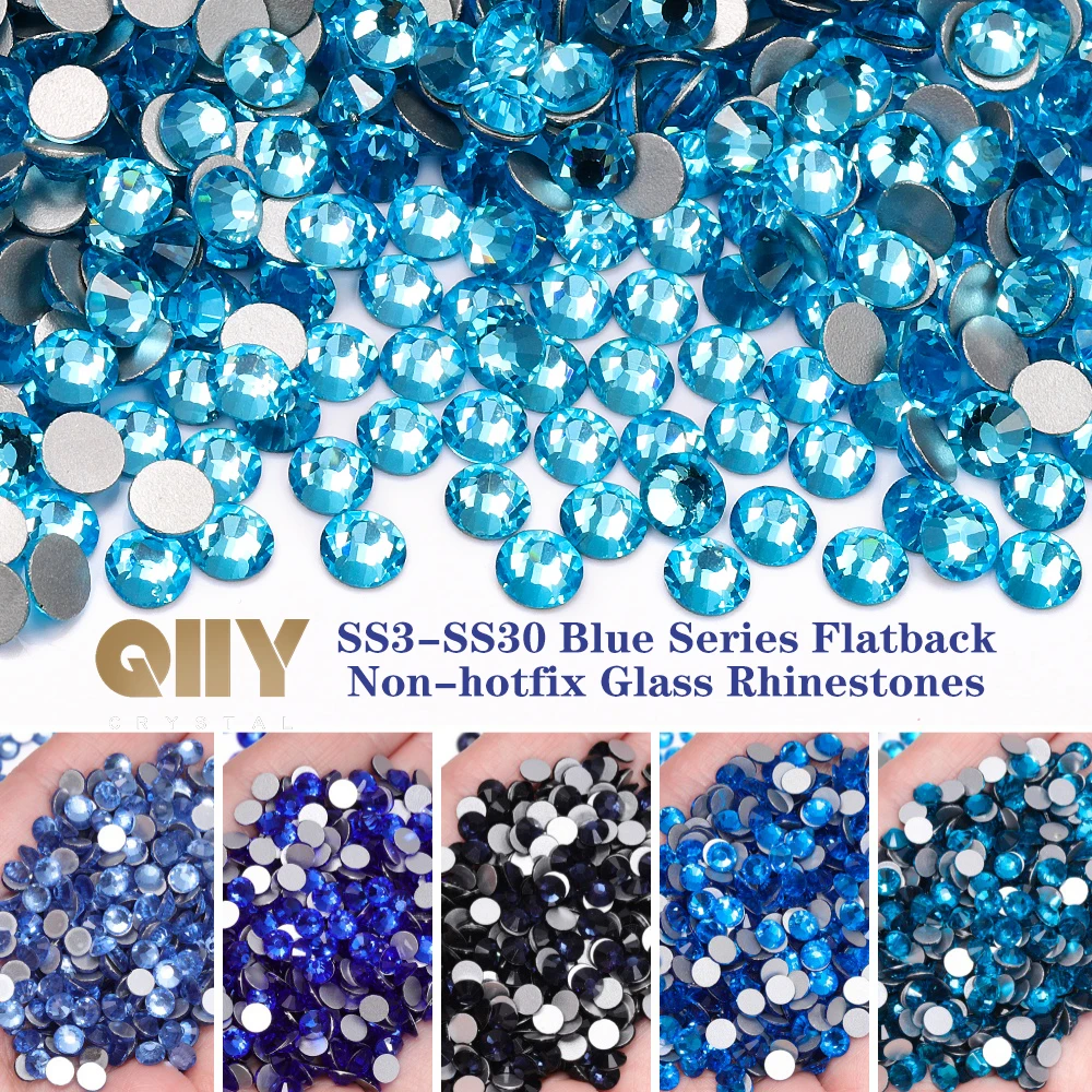 QIIY SS3-SS30 Blue Series Glass Rhinestones Super Bright Non-hotfix Silver Flatback Glue On 3D Stones For DIY Nail Art