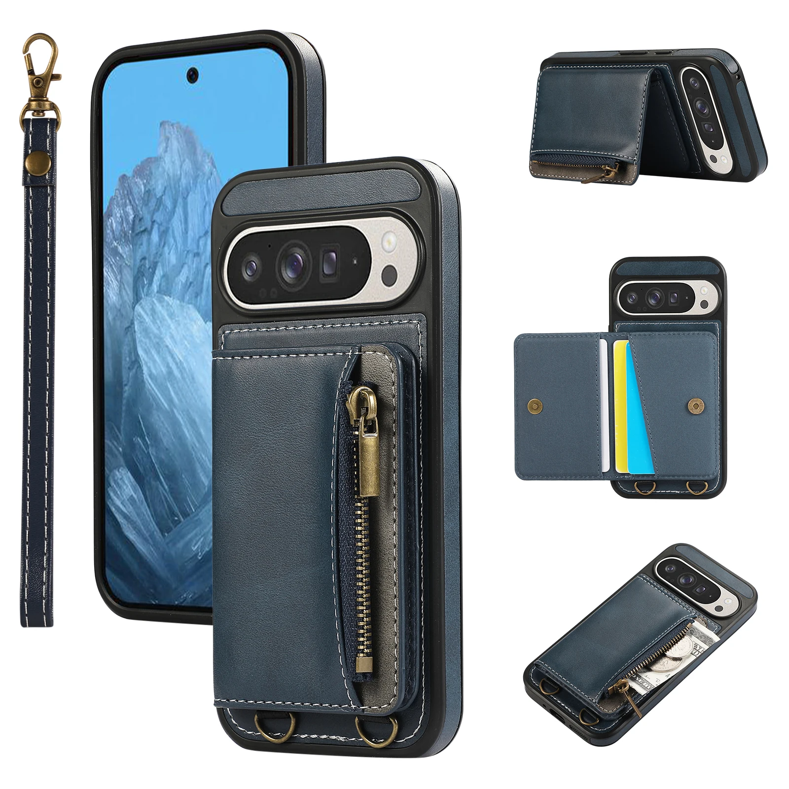 

Shockproof Leather Zipper Card Holder Wallet Case for Google Pixel 9 Pro 8, Kickstand Cards Slots Purse Phone Cover with Lanyard