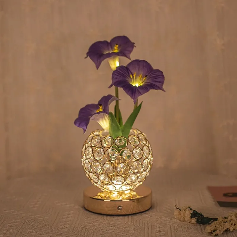 usb充電式-朝顔クリスタルフラワーテーブルランプ-3色調光ledナイトライト-寝室ベッドサイド装飾用-ロマンチック