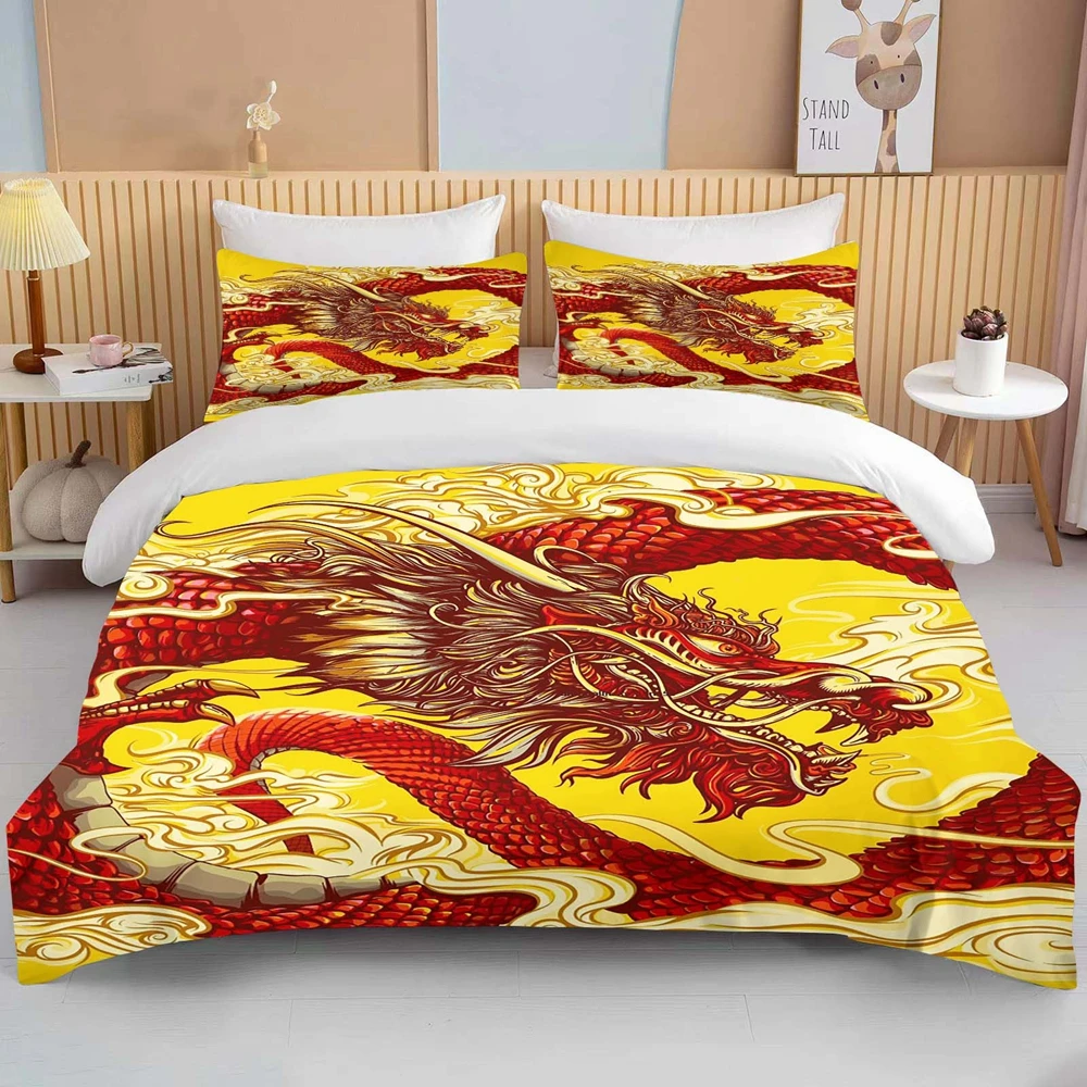 

Chinese Dragon Bedding Set 3pcs for Kids Red Dragon and White Cloud Print Comforter Cover Mythology Microfiber Duvet Cover Set