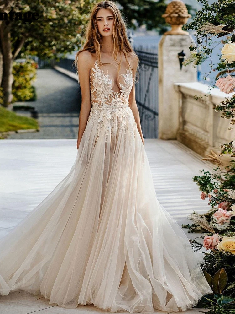 Sexy Sheer o-collo Boho abiti da sposa Appliques pizzo a-line Bohemian Beach abito da sposa senza maniche Backless vestidos de novia