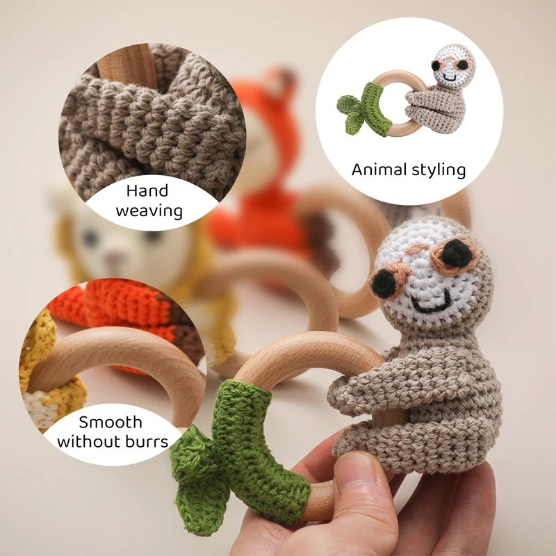 1Pc Wooden Baby Teether Crochet Beech Hoop Animal Rattle Toy BPA Free Ring Baby Mobile Gym Newborn Stroller Educational Toy Gift