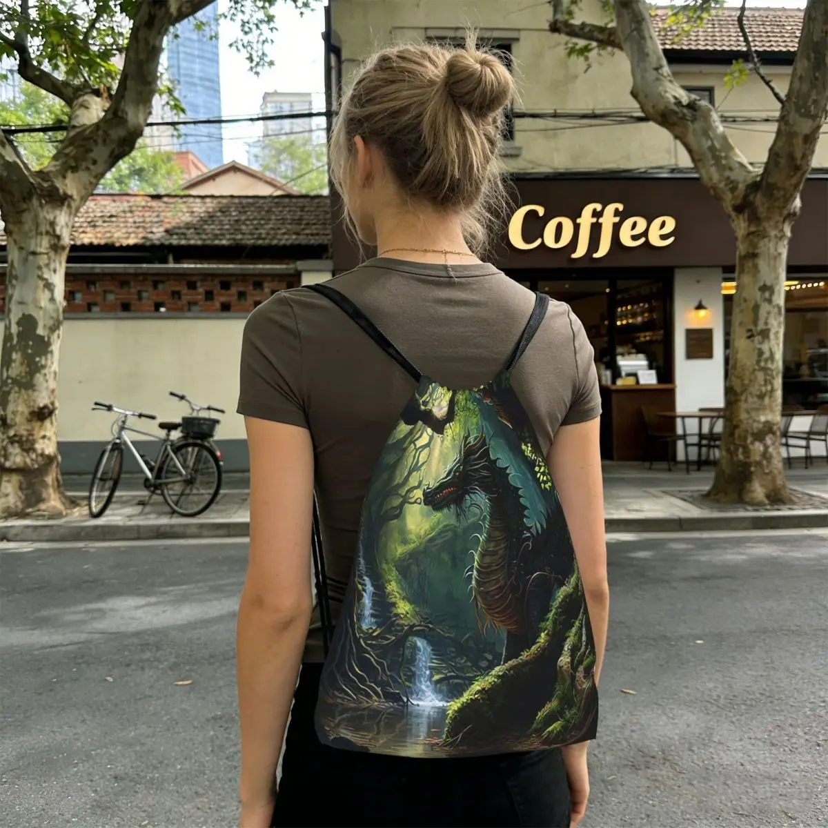 Green Dragon In The Forest Backpacks Portable Drawstring Bundle Pocket Sports Bag Book Bags for Travel Students