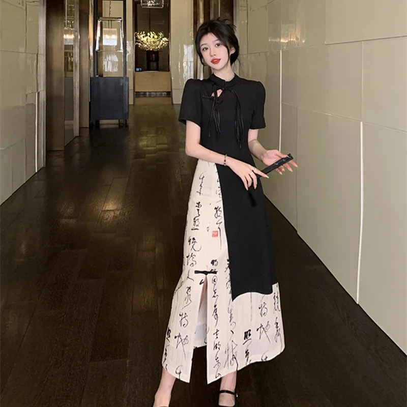 Été nouvelle Robe retro alta qualidade caligrafia irregular demi-jupe femmes Robe mode Qipao femmes robes chinois Cheongsams
