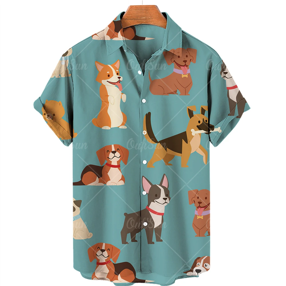 Animal camisa estampa havaiana com gola, top solto de manga curta hip-hop, roupas grandes para desenhos animados, vestido vintage casual, verão