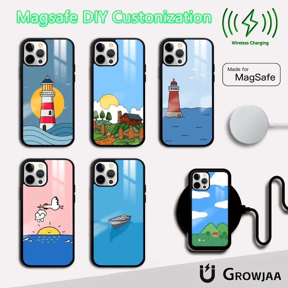 

children sea Lighthouse home Phone Case For iPhone 16 15 14 13 12 11 Pro Max Plus Mini Magsafe Mirror Wireless Magnetic Cover