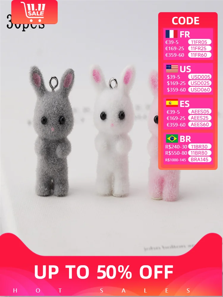 30pcs Cartoon Flocking resin Charms 3D cute Rabbit Plush Animal Doll Pendant for make Keychain Necklace DIY Crafts Jewelry Make