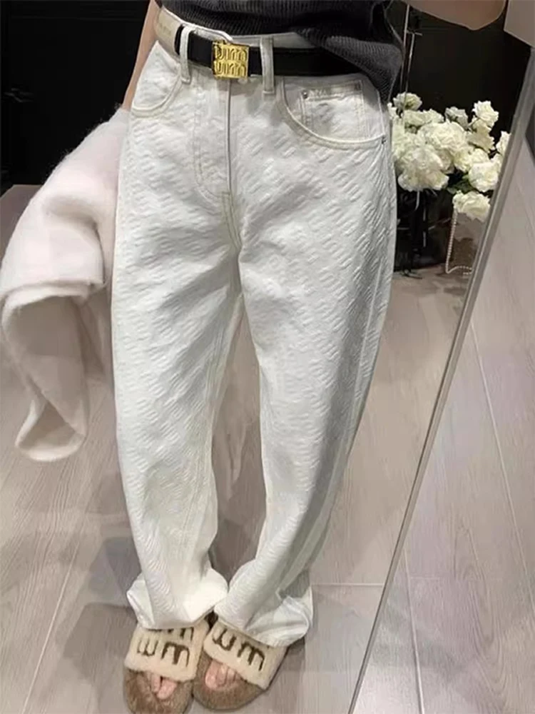 

White Loose Embroidered Jeans 2025 Straight Casual High Waist Wide Leg Floor-Length Pants Women's Faion Ele