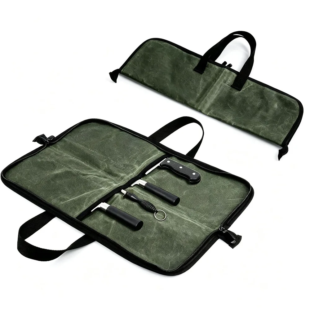 4 Slots Chefs Knife Roll Bag Cutlery Storage Case| Heavy Duty Waxed Canvas Pouches.Portable Handles Safely Carry Cooking Tools
