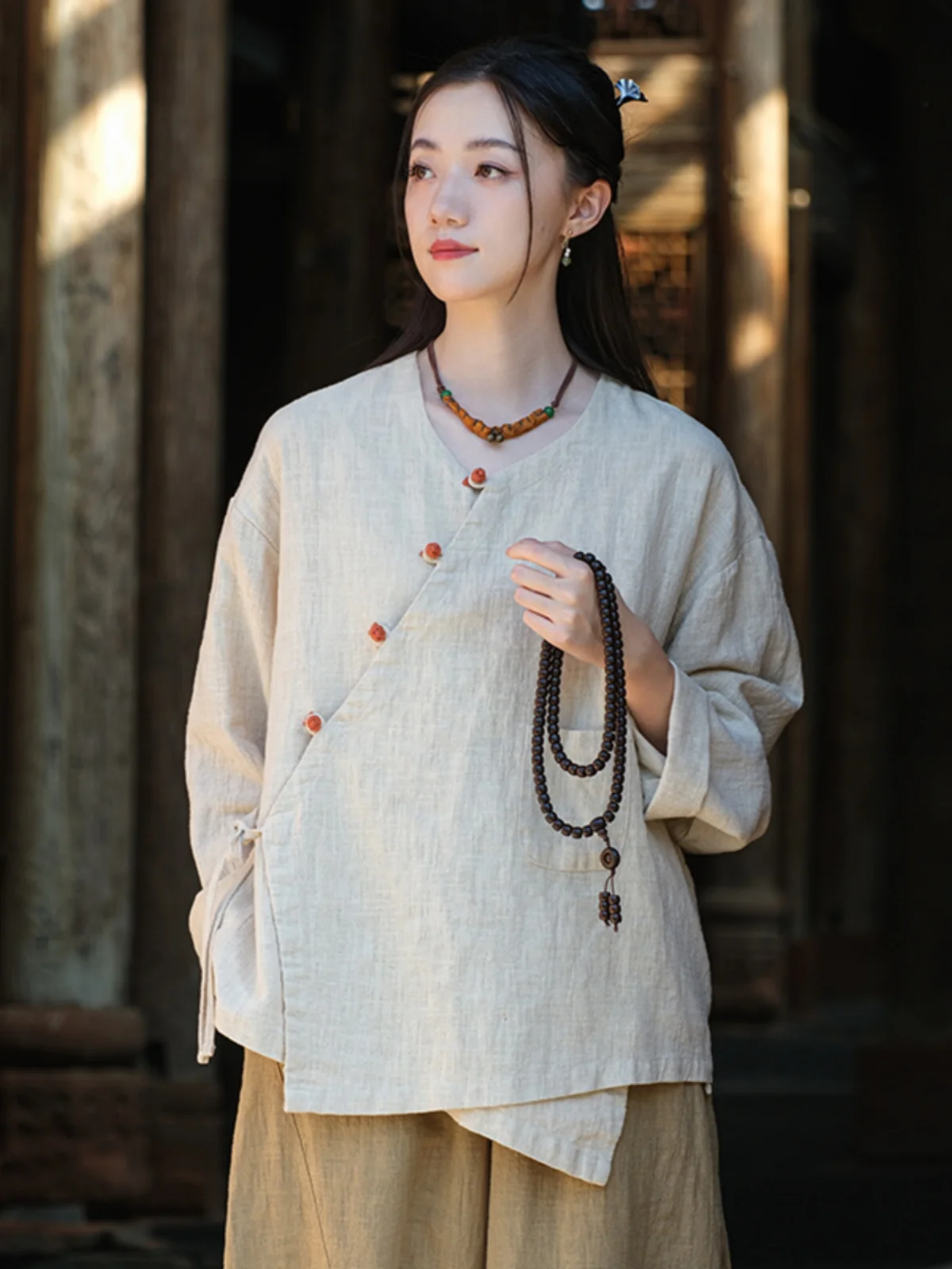Retro Button up Cotton Linen Short Coat Women's Spring Autumn Travel Photography Belted Jacket V Neck Single Button Cardigan