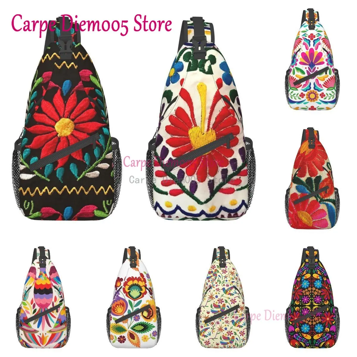 Mexican Flowers 3D Print Embroidery Sling Crossbody Chest Bag Men Shoulder Backpack for Hiking