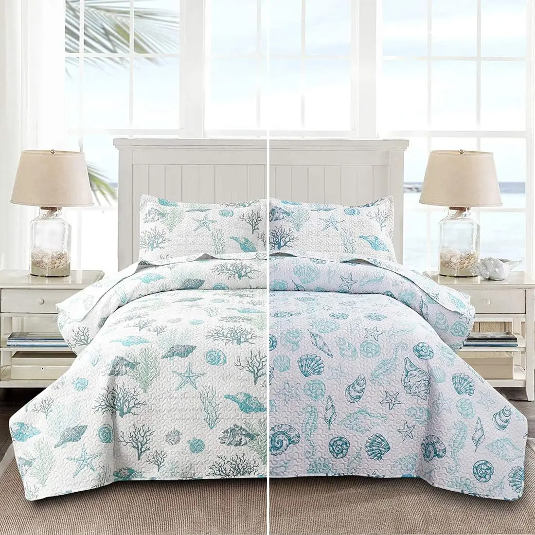 

Reversible Coastal Beach Theme Quilt Set Queen/Full Size Ocean Coral Bedding Seaweed Bedspread Ocean Life Blue Green White