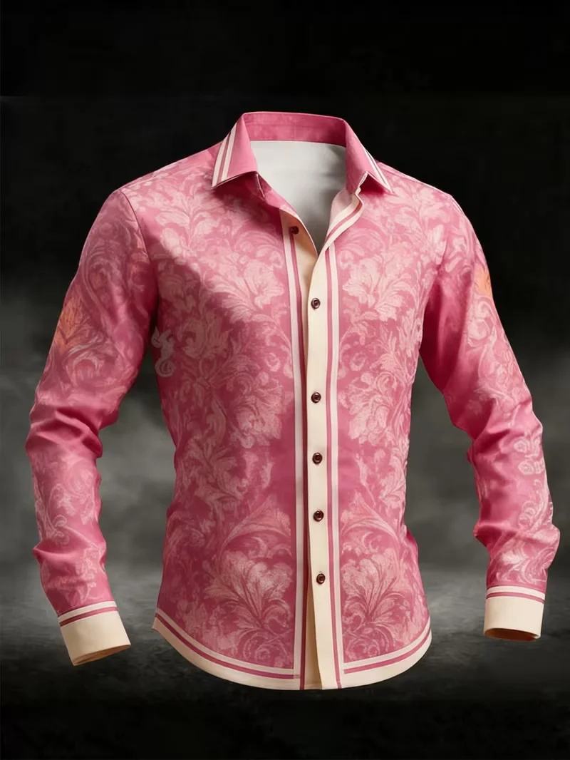 New Men's White Rose Pattern 3D Printed Shirt Spliced With High-Quality Casual Long Sleeved Shirt Collar Top