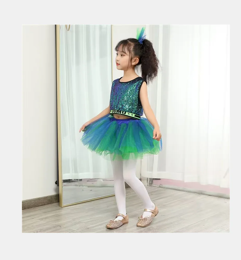 

1 комплект/комплект, детские современные танцевальные костюмы, топ с блестками и юбка для девушек, для джазовых танцев, уличных танцев