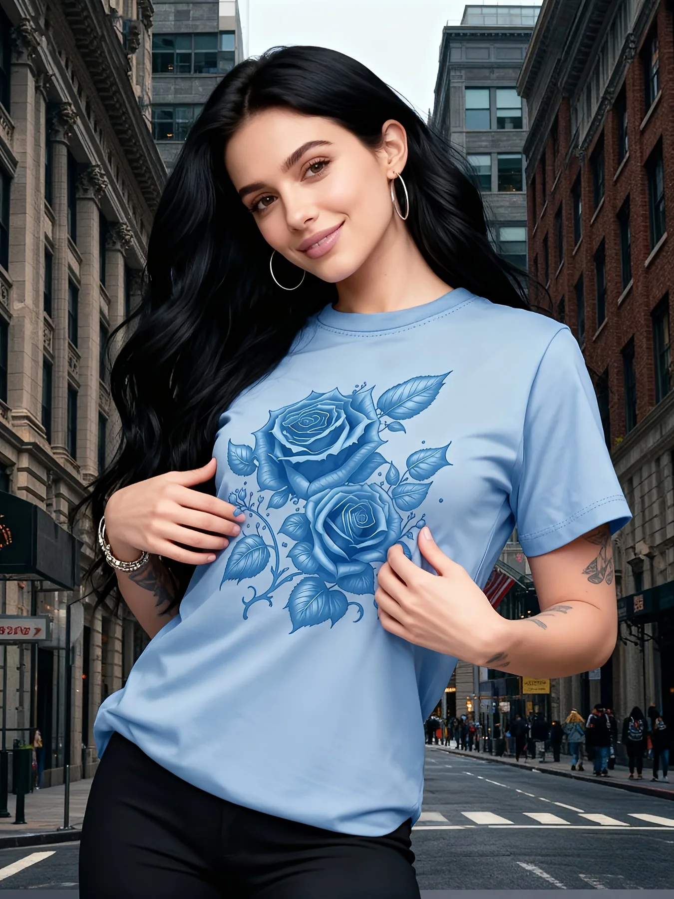 Blue Rose Floral Women's Tee - Casual Light Blue Graphic Top