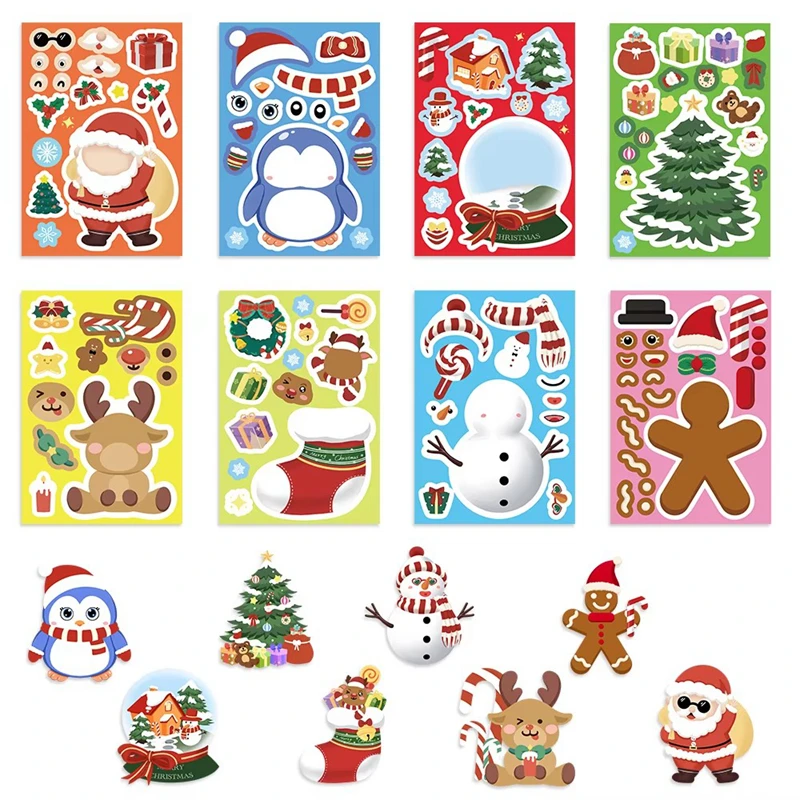 

8/16/24pcs Christmas Puzzle Stickers Make A Face Santa Claus DIY Jigsaw Games Sticker Kids Party Favors Toy Gift 2025 New Year