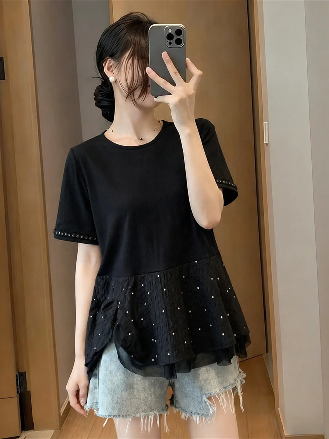 

Elegant Black Polka Dot Short Sleeve round Neck Commute Top Women's Slim Fit T-Shirt Korean Style Straight Cut Summer Fashion