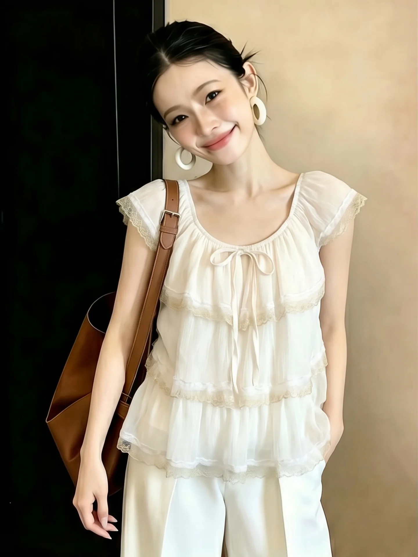 

Summer New Style Women's Lace Trim Chiffon Top Sweet Unique Beautiful Cake Gauze Short Sleeve Floral Baking Powder Shirt