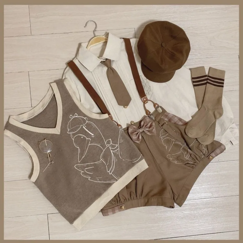 Famous Detective Goose Lolita Shorts Set Blouse+vest+shorts+straps Suit Retro Lolita Costume Role-playing Costume