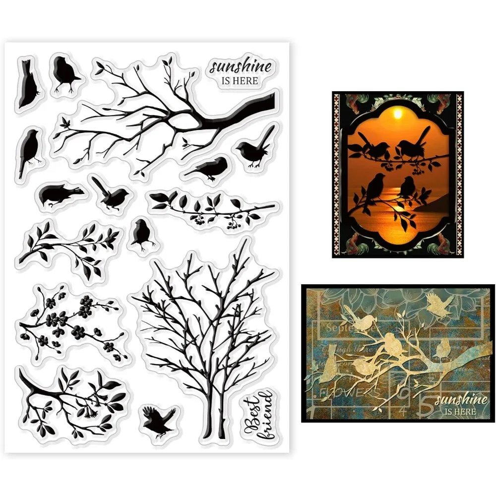 Birds and Branches Clear Stamps for Cards Making Tree Flower Silhouettes Silicone Clear Stamp Seals for DIY Scrapbooking Photo