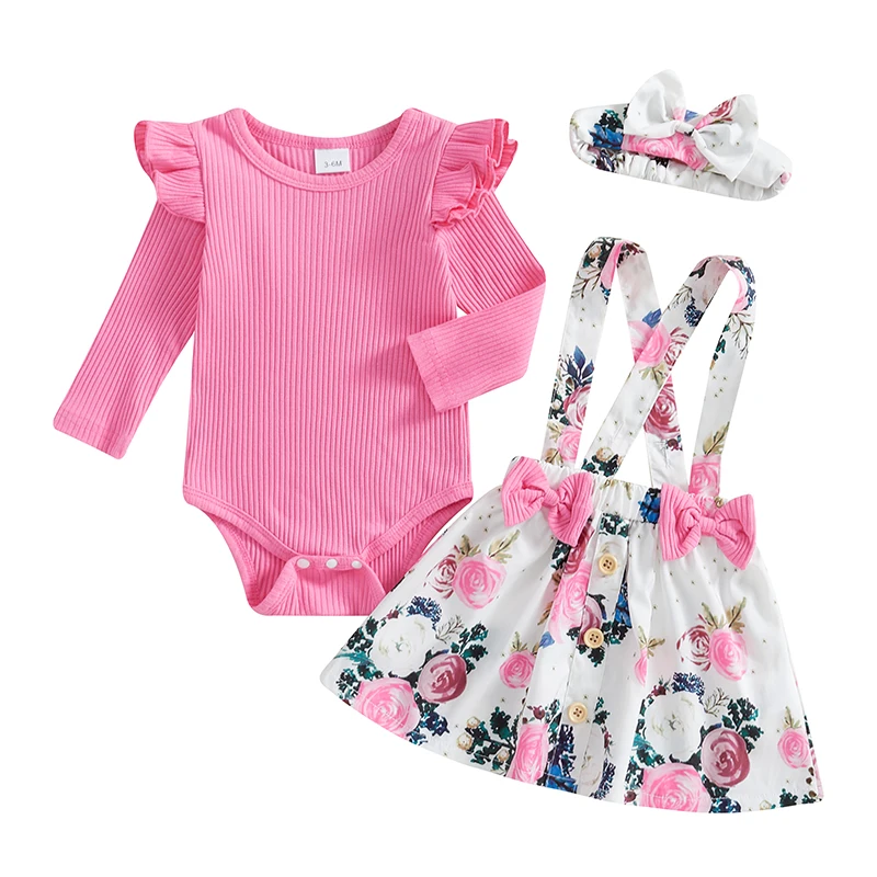 

3-Piece Baby Girls Set Ribbed Long Sleeve Ruffled Romper Floral Overalls Skirt Bow Headband Adorable Outfits