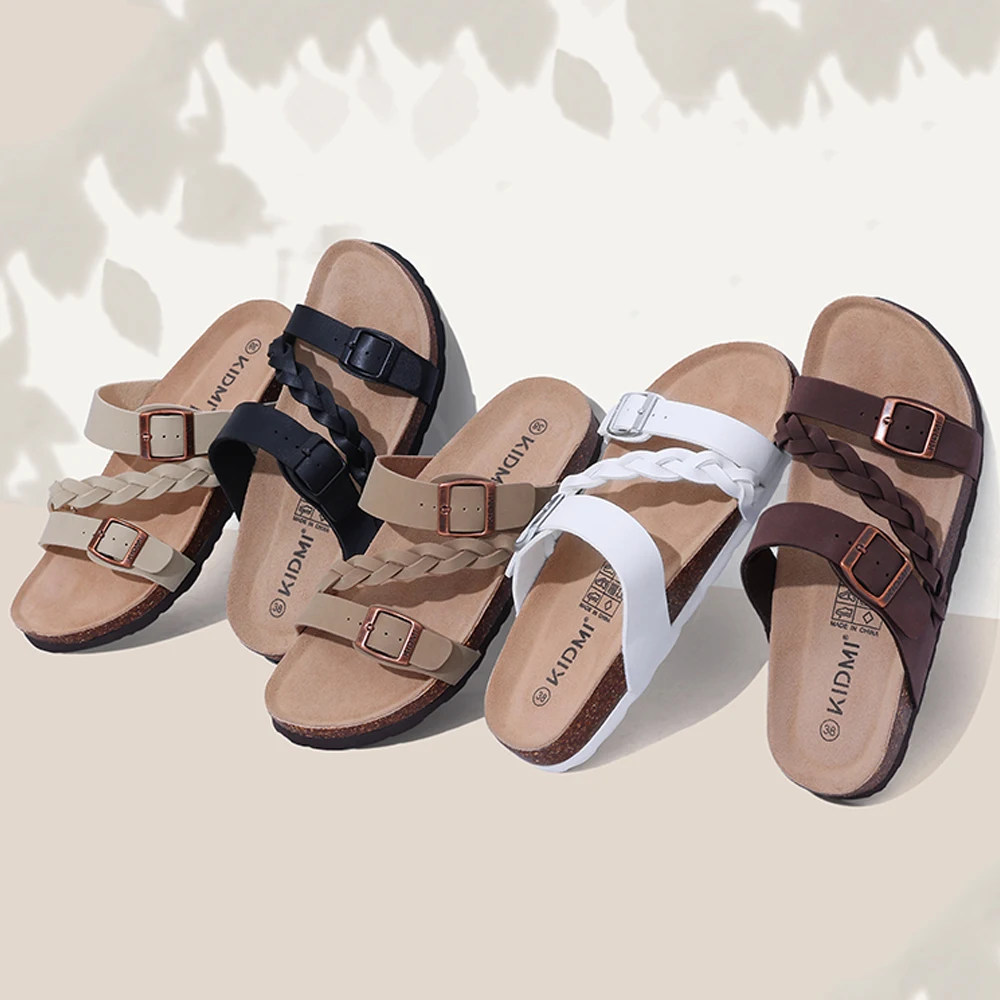 Litfun Classic Women's Cork Slippers With Arch Support Lady Summer Cork Sandals Trendy Slip-On Slippers With Adjustable Buckle