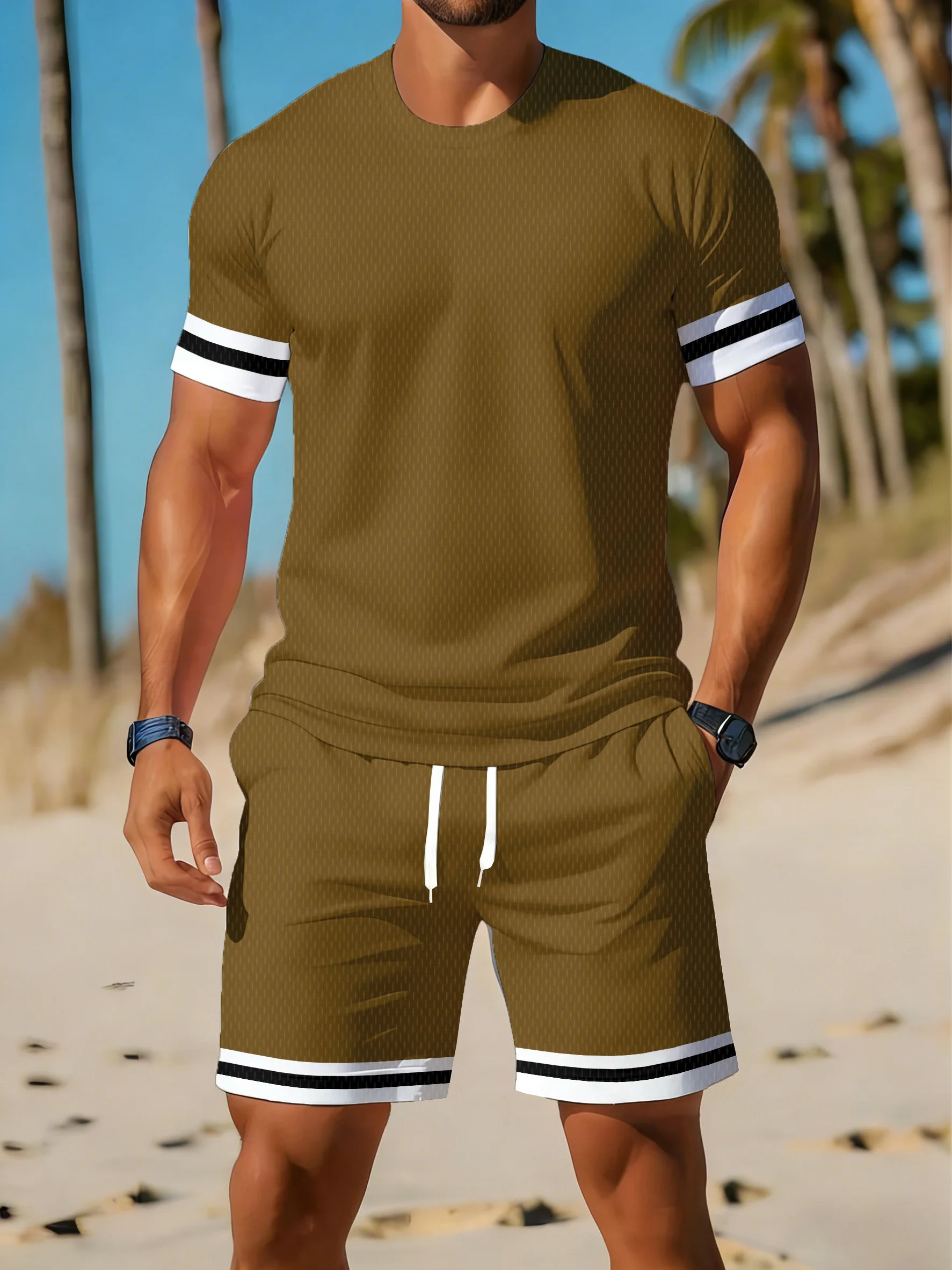 Ensemble décontracté d'été pour homme : T-shirt respirant à col rond et imprimé rayé, et short – Idéal pour les activités sportives en extérieur