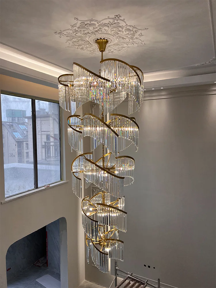 Luxury Crystal Chandeliers Lights Fixture American Modern Long Chandelier European Shining Spiral Stairs Case Hall Droplight