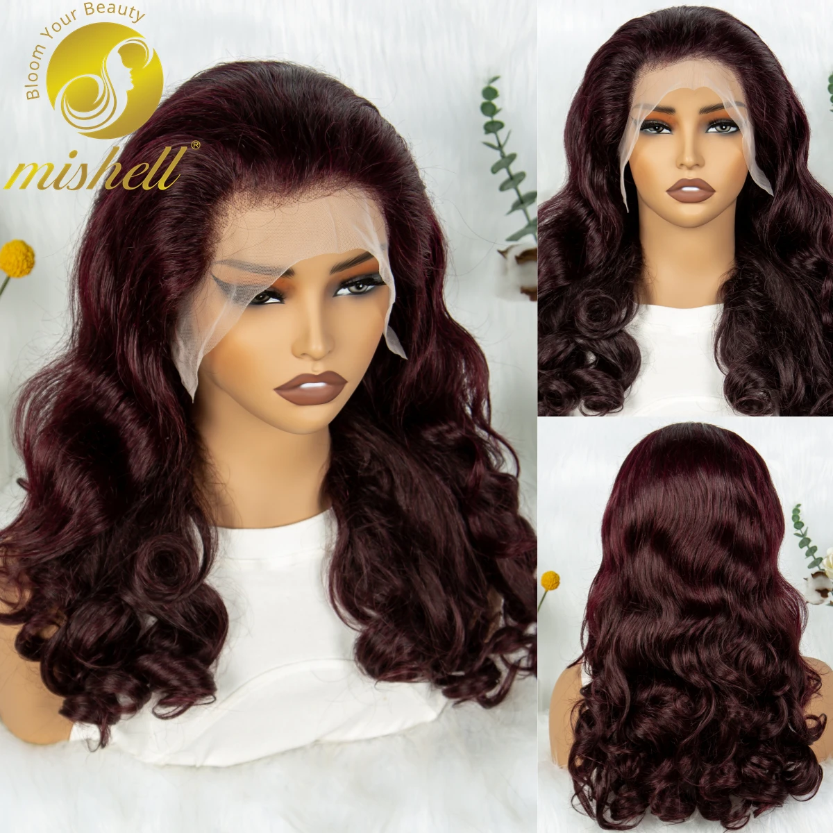 250% Density 99J# Burgundy Fumi Bouncy Curly Hair Wigs 13x4 Lace Front Loose Wave Human Hair Wigs with Baby Hair for Black Women