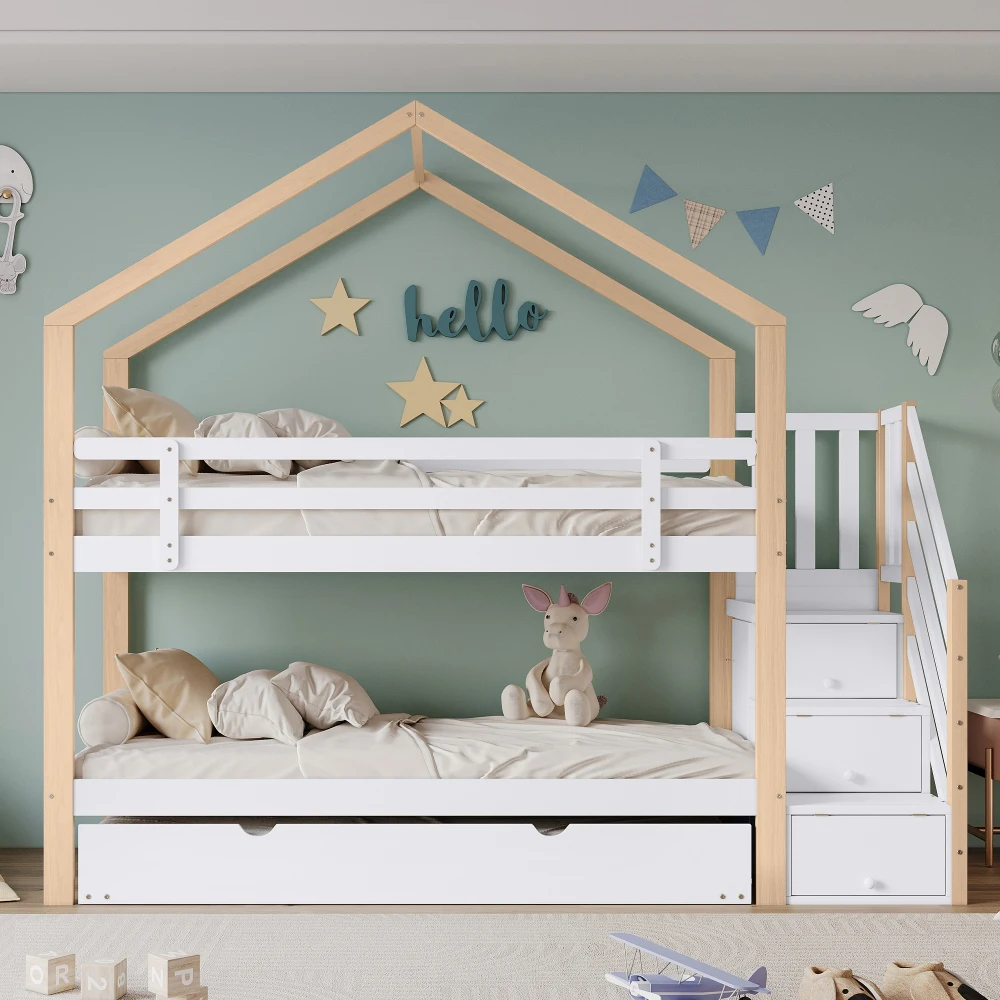 PINGGO Naturweißes Holzhausbett 90x200+90x190cm Kinder-Etagenbett mit Rutsche, Treppe, 3 Schubladen, Sicherheitsgeländer, ohne Matratze – Detail 6