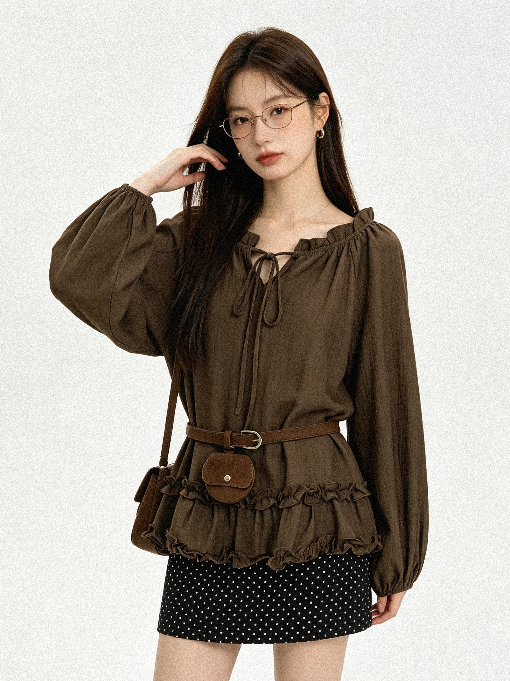 Retro Gentle Style Korean Version Skin-friendly Tie-dress Autumn Model Slimming Lace Trim Women's Shirt Casual Loose Fit Long...